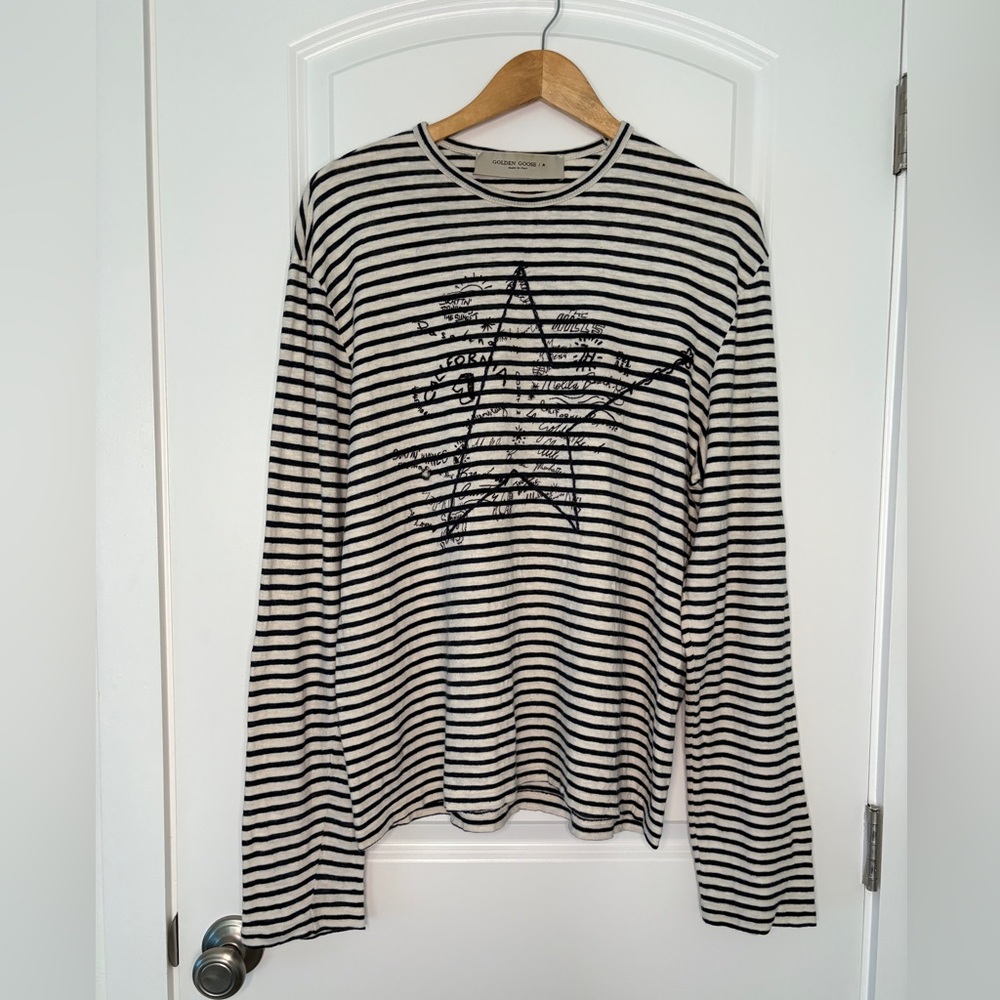 Men's T-shirt with white and blue stripes and embroidery on the front size L